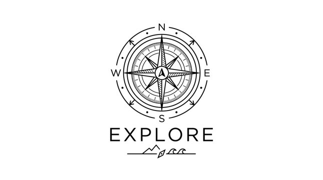 Vintage nautical compass emblem with mountains and explore text.