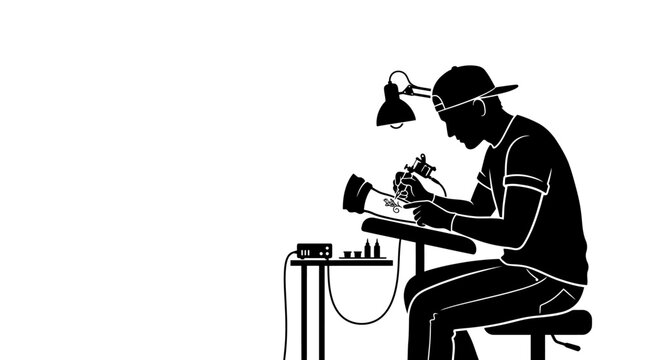 Silhouette of a tattoo artist working at a desk with equipment.