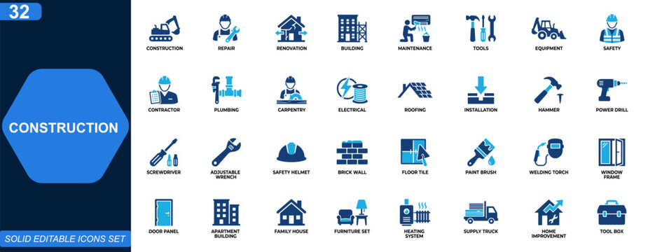 Construction and home repair icon set. Renovation, building, maintenance, tools, equipment, safety, contractor, plumbing, carpentry, electrical, roofing. Editable icons collection. Vector.
