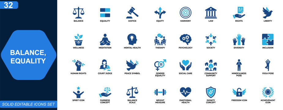 Balance and equality icon set. justice, equity, harmony, law, mental health, meditation, rights, society, wellness, psychology, liberty. Editable icons collection. Vector.