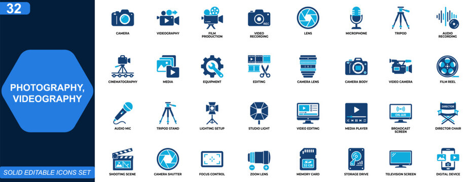Photography and videography icon set. camera, videography, film production, lens, microphone, tripod, editing, media equipment. Editable icons collection. Vector.
