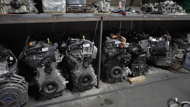 Used car engines and spare parts stored in a car repair shop. Concept car parts.