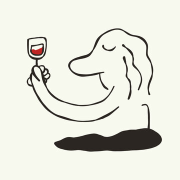 Hand drawn abstract female character holding a wine glass doodle cartoon illustration