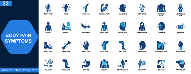 Naklejka na ściany i meble Body pain symptoms icon set. Medical pain, injury, anatomy, joint, muscle, headache, arthritis, stomach pain, menstrual pain, bruise, healthcare. Editable icons collection. Vector.