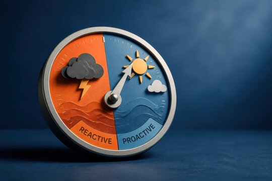 Split gauge concept showing reactive versus proactive business strategy with storm and sun symbols on blue background