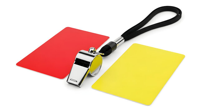 A referee's whistle with red and yellow cards on a white background