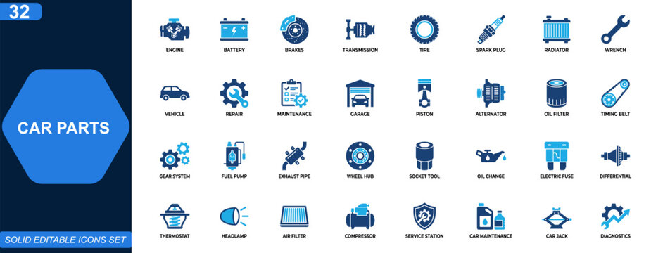 Automotive car parts icon set. Engine, battery, brake, transmission, tire, spark plug, radiator, mechanic tools, maintenance, repair, garage equipment. Editable icons collection. Vector.