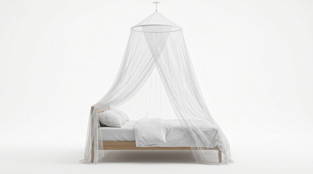 White mosquito net draped over wooden bed in minimalistic room  