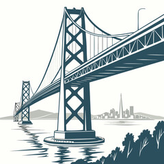 Fototapeta premium Detailed vector illustration of a suspension bridge over the ocean with a city skyline