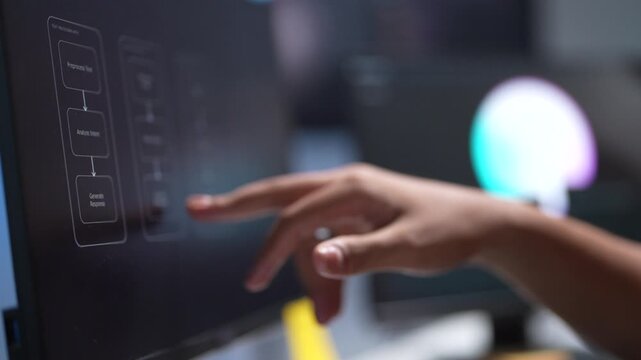 Close up view of a tech specialist hand pointing at a computer monitor screen to analyze software interface code elements during a late night setup.