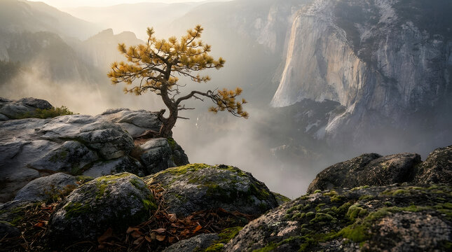 Lone pine tree on yosemite valley cliff edge with dramatic mountain backdrop