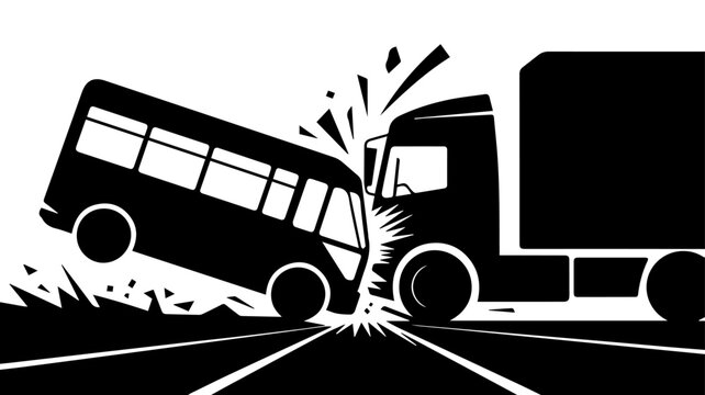 Road accident vector illustration, head-on collision between bus and cargo truck, vehicle crash scene with shattered glass and debris on highway