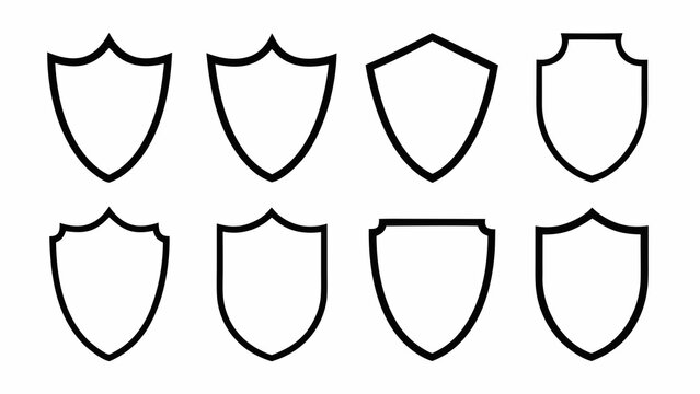 collection of seven shield shaped line art icons on white background