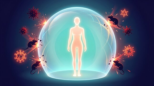 Conceptual digital illustration of a female human silhouette protected by a glowing 3D spherical immune shield against hantavirus particles and rats.