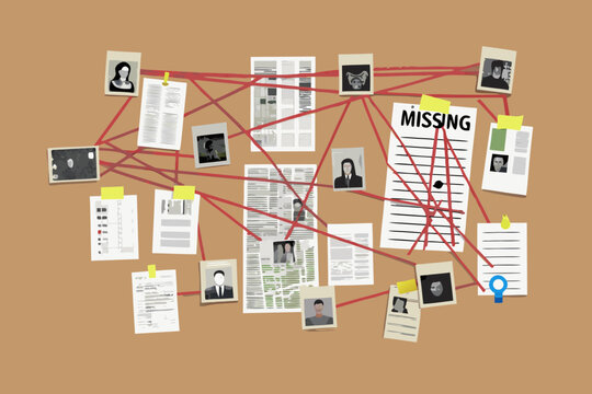 detective investigation board with photos and connecting red string