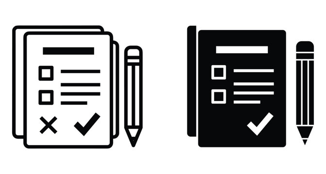 Checklist icon set with pencil document survey form report task list questionnaire feedback exam test paper tick cross mark sign