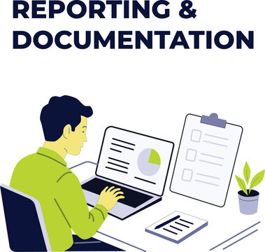 Reporting and Documentation Concept Illustration with Laptop, Checklist, Notes and Digital Paperwork