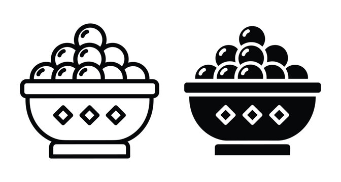Indian sweet laddu bowl icon set with outline and solid glyph styles for traditional food dessert snack festival celebration graphic