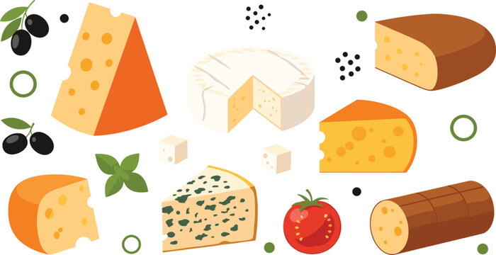 Cheese variety vector set. Flat cartoon gouda, maasdam with holes, brie wheel, blue cheese wedge, smoked logs, olives, and fresh tomato. Gourmet dairy appetizer collection.