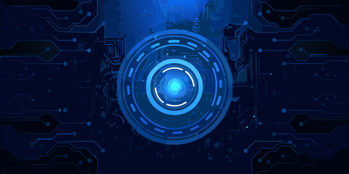 futuristic circular interface with glowing blue circuit pattern