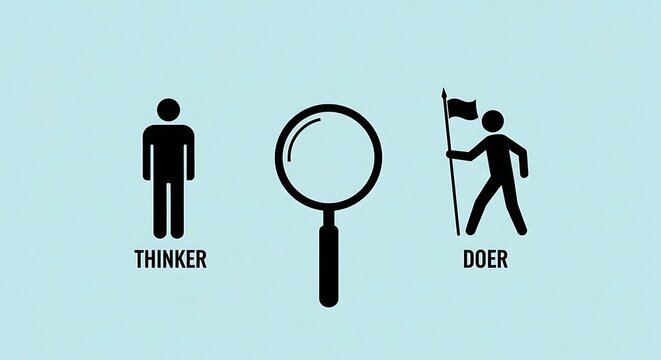 Minimalist business concept of thinker and doer, black stick figure icons with magnifying glass, leadership and execution strategy illustration