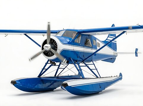 Professional aircraft photography of a blue-and-white bush plane with dual pontoons designed for water landings.