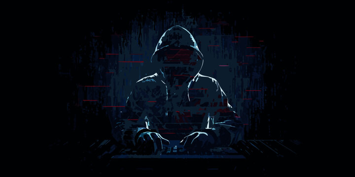 hooded figure typing on keyboard digital glitch effect