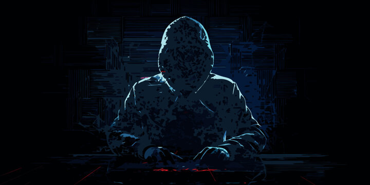 hooded figure illustration with glitch effect and dark background