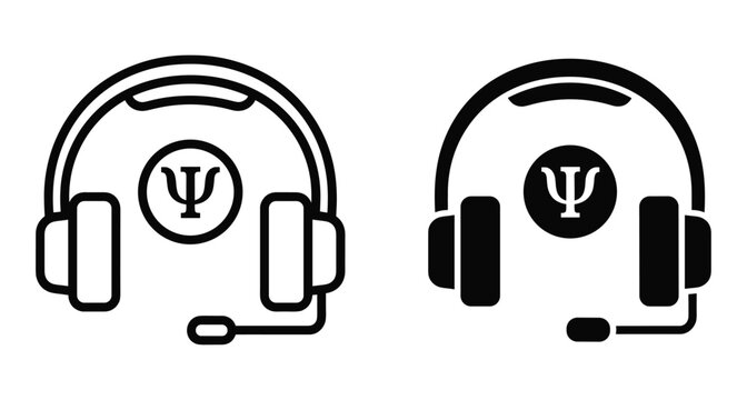 Psychology headset icon set with psi symbol for mental health counseling online therapy support services and teletherapy communication equipment