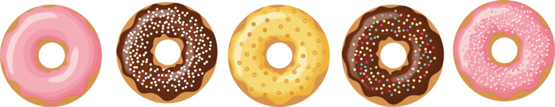 Realistic donut vector set. Glazed sweet donuts with chocolate frosting, pink icing, yellow glaze, and white sugar sprinkles. Delicious bakery pastry elements for caf&eacute; menu design, food packaging.