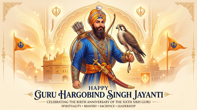 Happy Guru Hargobind Singh Jayanti Spiritual Warrior Artwork with Traditional Sikh Heritage Theme