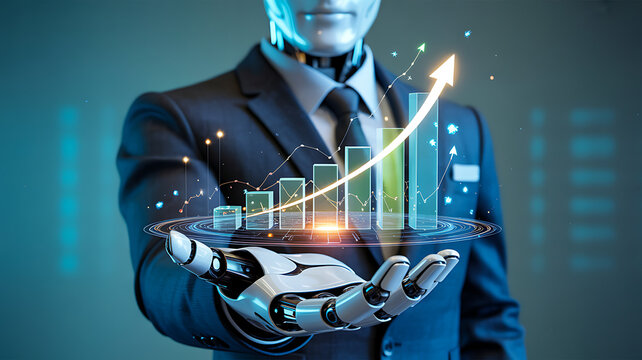 Humanoid robot presenting financial growth chart and business analytics concept