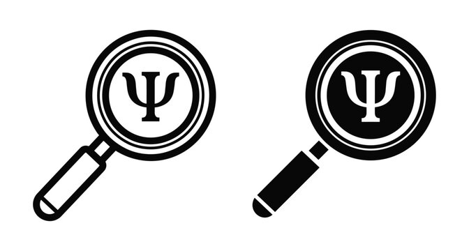 Psychology research icon set featuring magnifying glass with greek psi symbol for mental health analysis therapy and clinical psychological study