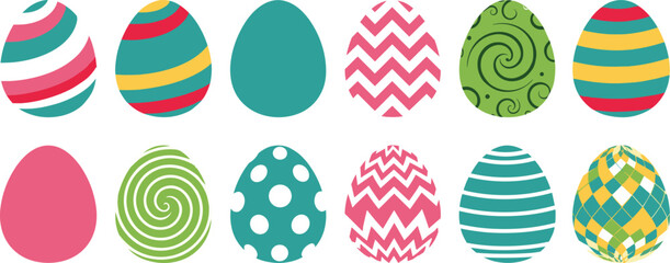 Easter eggs cartoon set. Colorful painted eggs collection with geometric patterns, polka dots, stripes, spirals, and text typography for spring holiday decoration. © IVY QUEEN