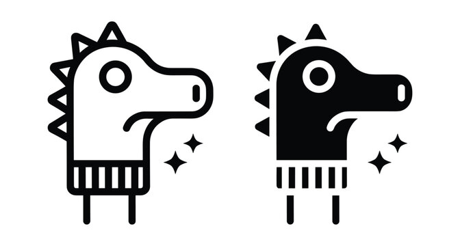 Stylized dragon head icon set featuring outline and solid black versions with spikes and sparkles for creative character design branding projects