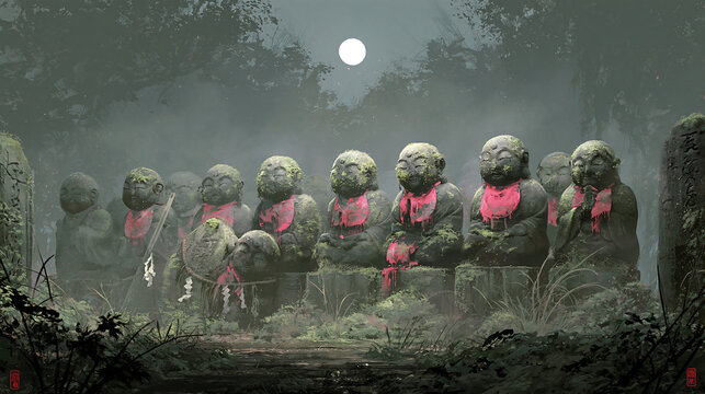 Row of mossy Jizo stone statues with red bibs in misty moonlit forest, Japanese Buddhist spiritual atmosphere