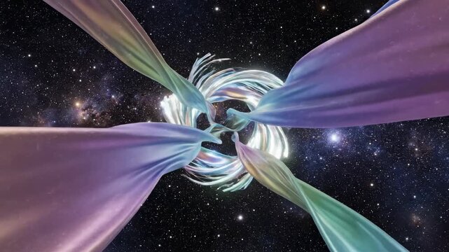 A swirling vortex of cosmic energy and ethereal, flowing fabrics creates a mesmerizing, multidimensional portal against a vast expanse of stars and nebulae, evoking wonder and exploration