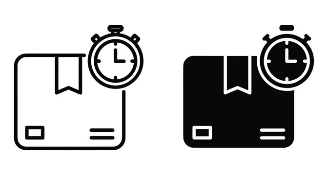Fast delivery icon set showing cardboard box with stopwatch timer for express shipping logistics service and quick order processing symbols