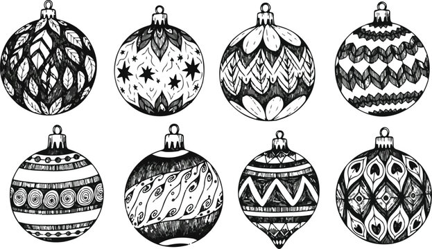 Vintage monochrome Christmas baubles illustration set with doodle geometric patterns for New Year holiday decoration