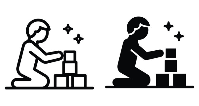 Child playing with building blocks icon set showing a boy stacking toy cubes for early childhood development and creative learning