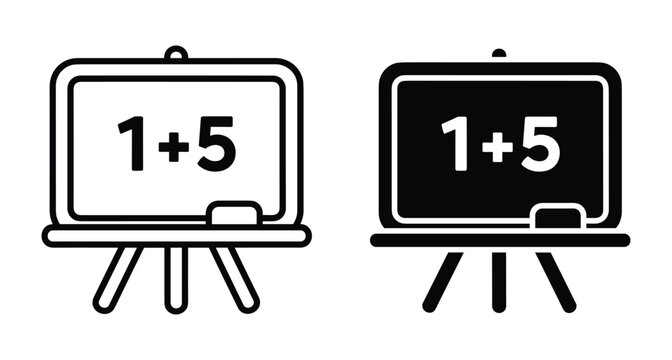 Blackboard chalkboard icon set with math addition equation one plus five on easel for school education learning and teaching classroom