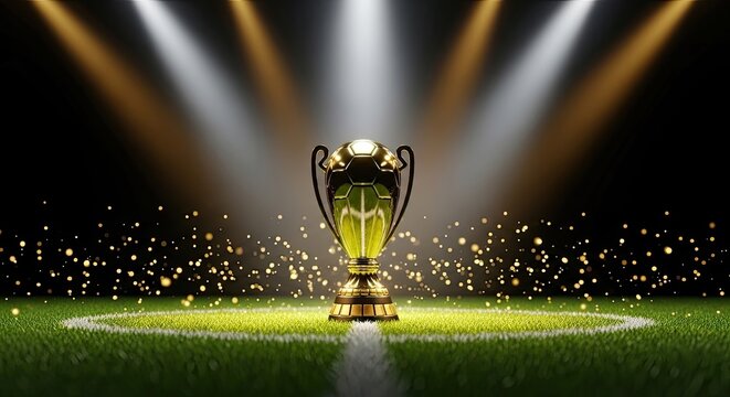 Golden trophy cup on green field with spotlight