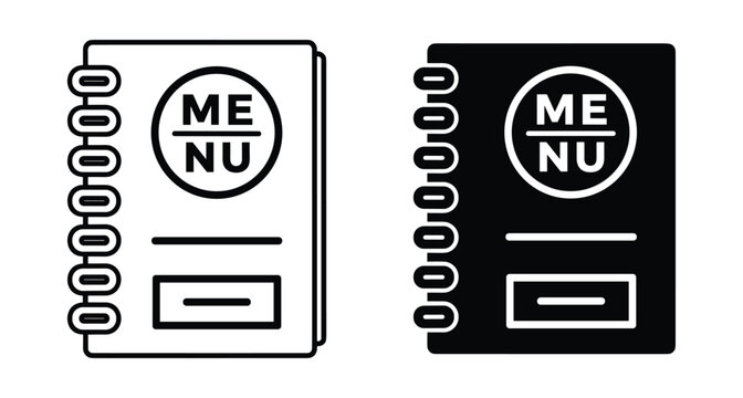 Restaurant menu book icon set with spiral binding in outline and solid black styles for cafe dining and food ordering