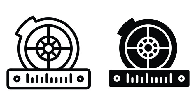 Precision measurement tool icon set featuring circular dial and horizontal scale bar in outline and solid black vector graphic styles