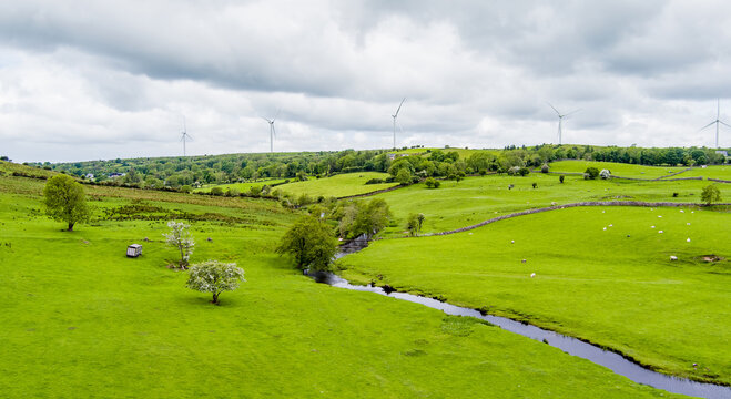 Rolling green meadows with sheep, stone walls and wind turbines near Donegal, Ireland. A rural landscape combining farmland, open scenery and renewable energy.