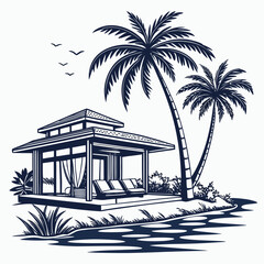 Obraz premium tropical beach bungalow illustration with palm trees and lounge chairs blue line art