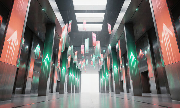 Sanctum of Infinite Futures - Monumental hall of brushed steel glowing with gradients of coral and emerald, holographic bar graphs