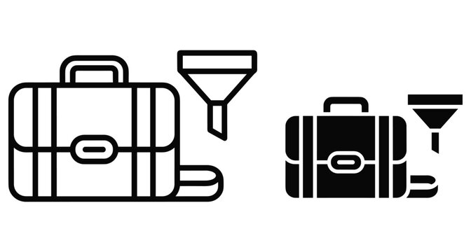 Business briefcase and funnel filter icon set for recruitment data sorting professional portfolio management job search and corporate information processing