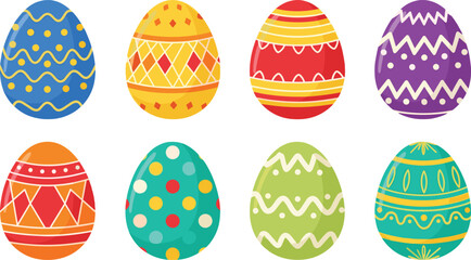Easter eggs cartoon set. Colorful painted eggs collection with geometric patterns, polka dots, stripes, and wavy lines. Festive holiday vector for greeting card ornament. © IVY QUEEN