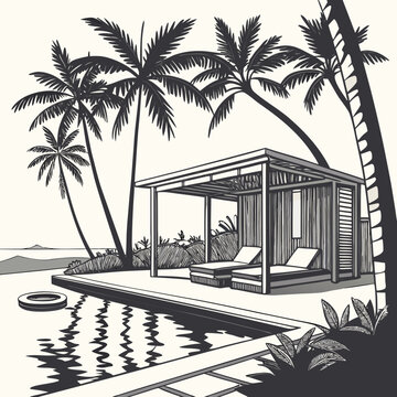 tropical island bungalow with infinity pool vector illustration in engraved sketch style